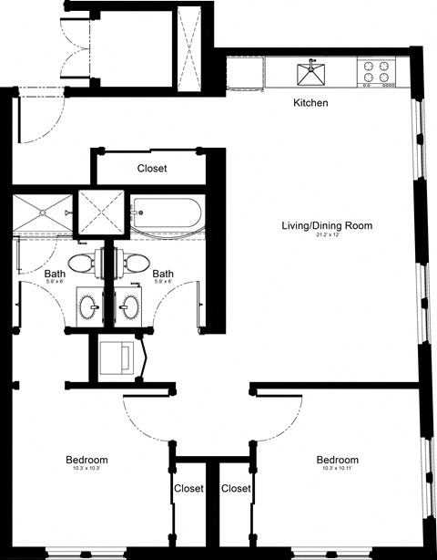 Floor plan for 2 beds, 2 baths, 788 sqft
